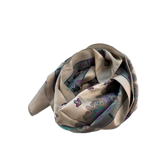 Vintage Paisley Rectangle Scarf Lightweight Polyester Neck Wrap Boho Tan Blue - Picture 2 of 6